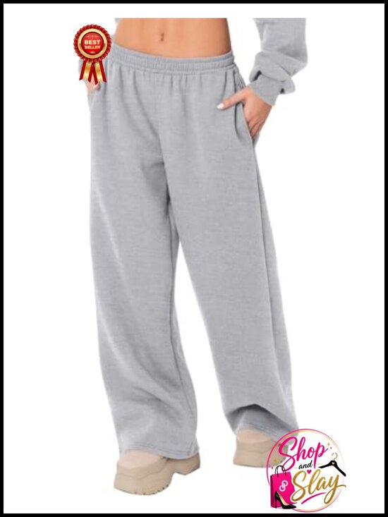 Pants - Fleece Wide Leg Sweatpants Low Rise Drawstring Pockets Lounge